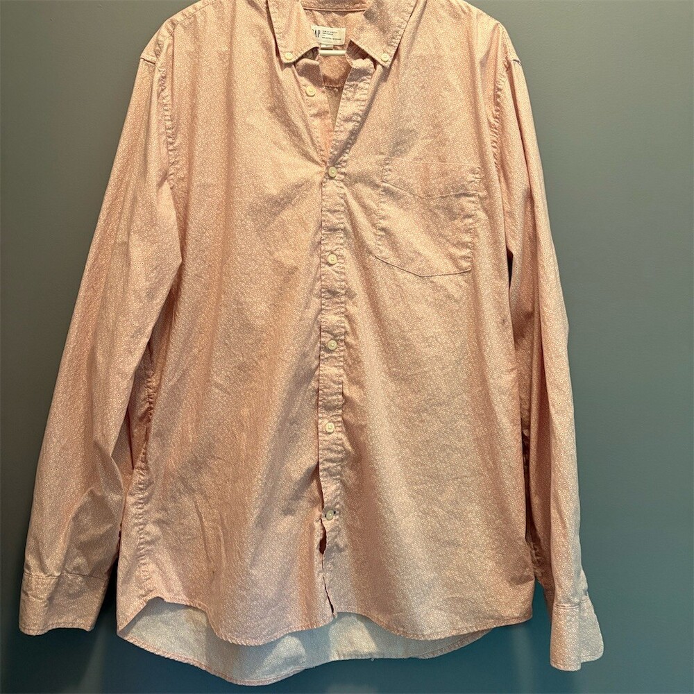 Gap Men's Button-Down Shirt XL Slim Fit Pink Micro Dot Long Sleeve Stretch